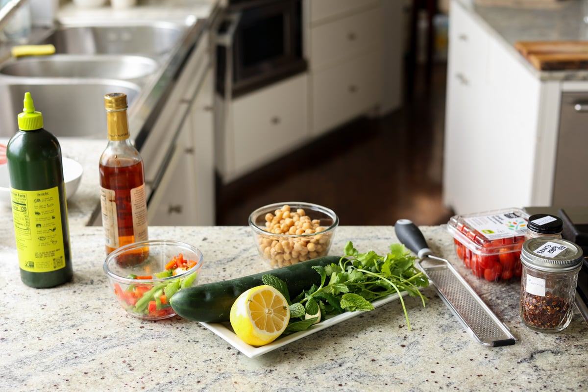 balela salad ingredients on the kitchen counter