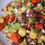 close-up of sheet pan gnocchi in a bowl