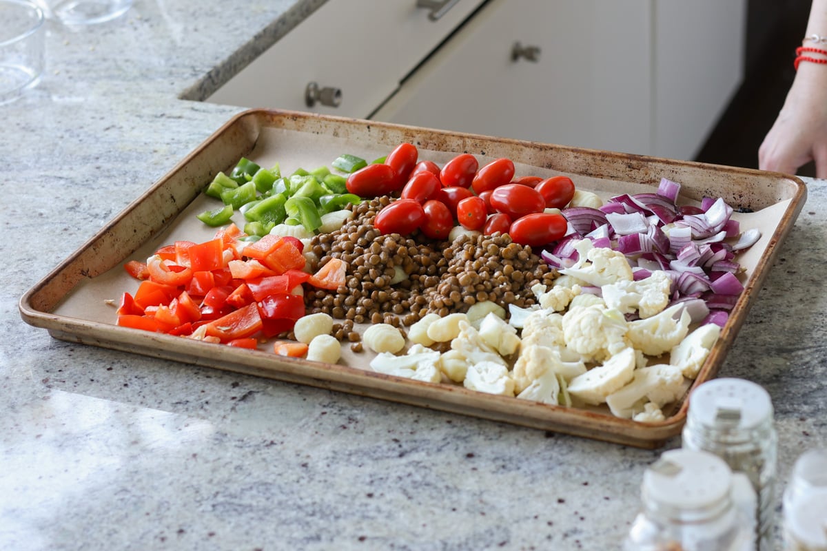 gnocchi ingredients on the sheet pan
