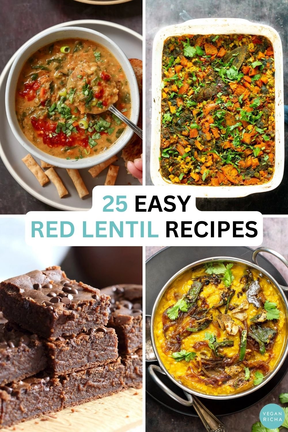 image collage of split red lentil recipes: soup, curry, dal, and brownies. Text overlay.