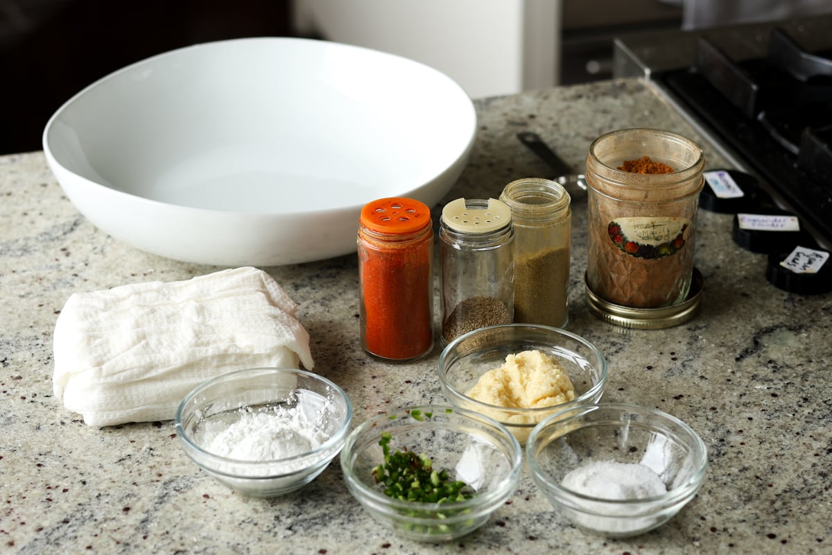 tofu Koliwada ingredients on the kitchen counter