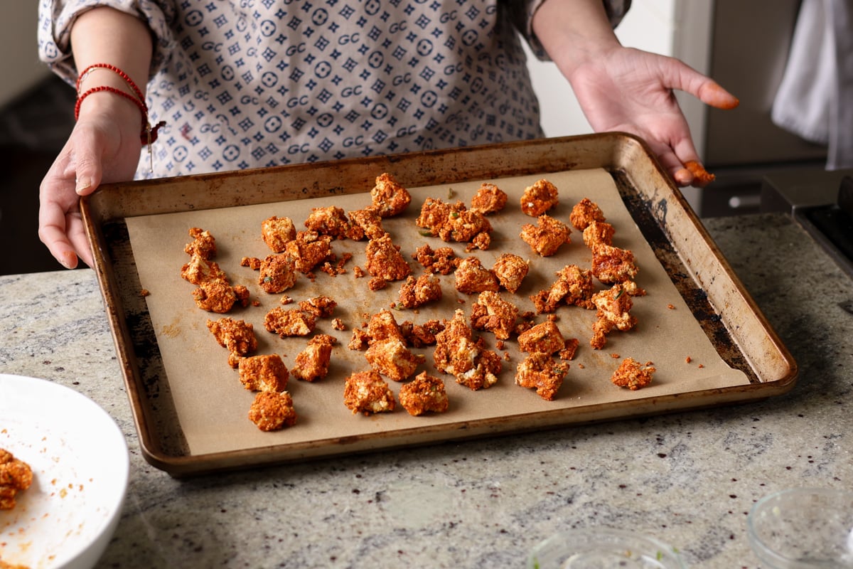 tofu Koliwada on the baking sheet before baking