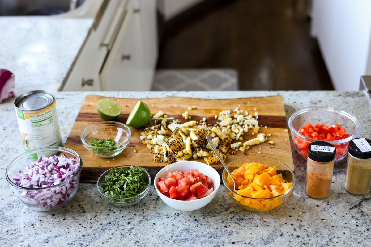 mango chickpea salad ingredients after prepping