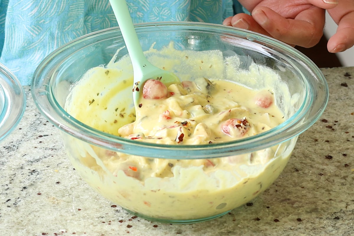 pizza ingredients mixed into the batter