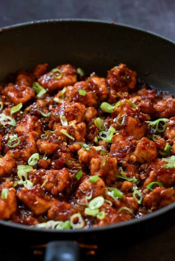 Indo-Chinese garlic pepper tofu in the pan