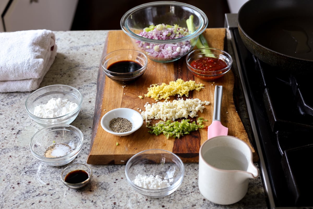 Indo-Chinese garlic pepper tofu ingredients on the kitchen counter