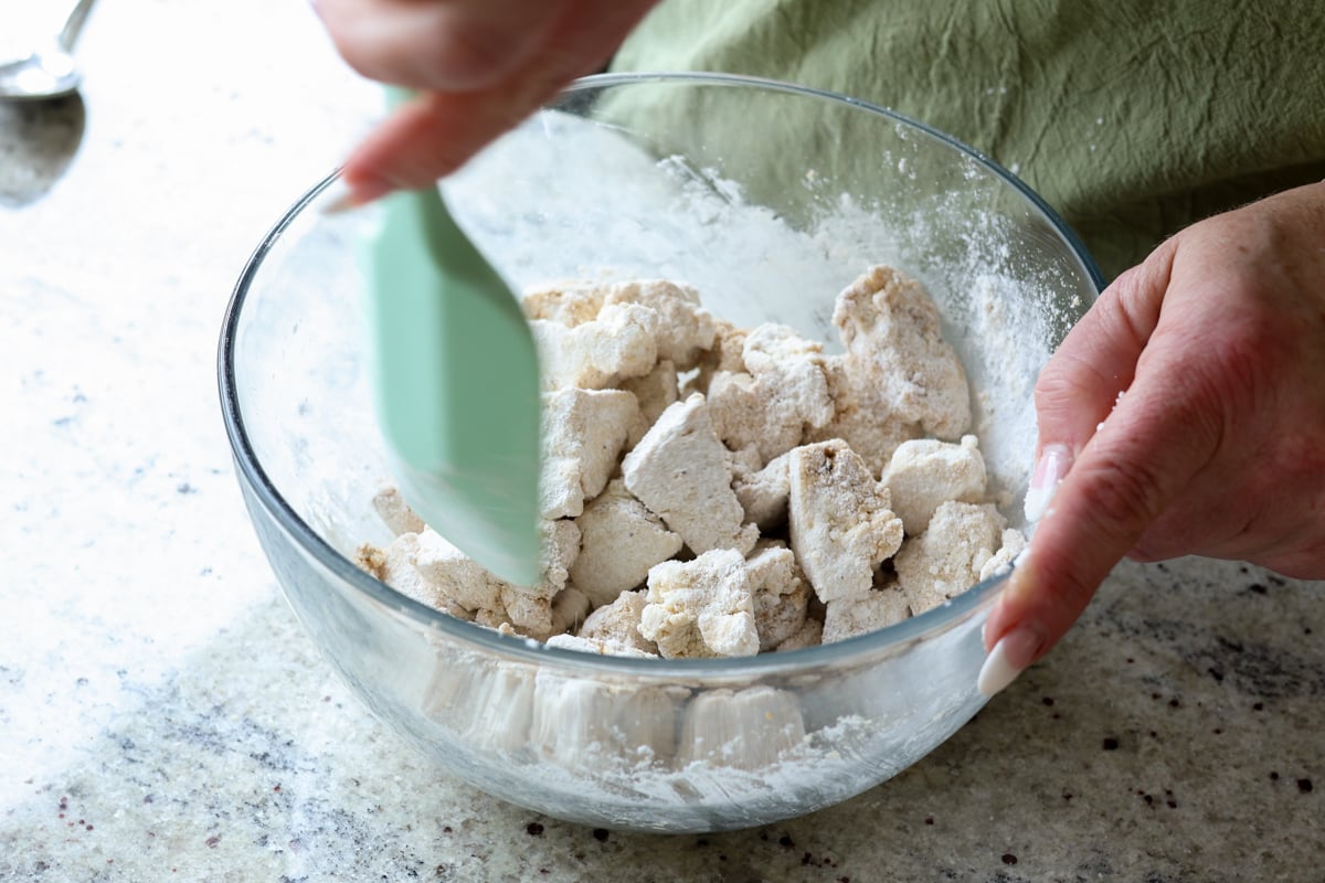 tofu tossed in the cornstarch mixture