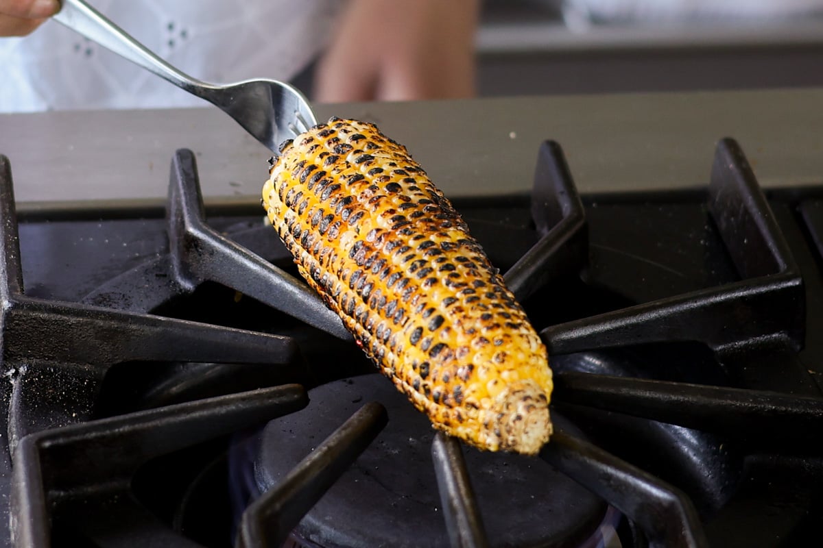 Corn charring right on the stove.