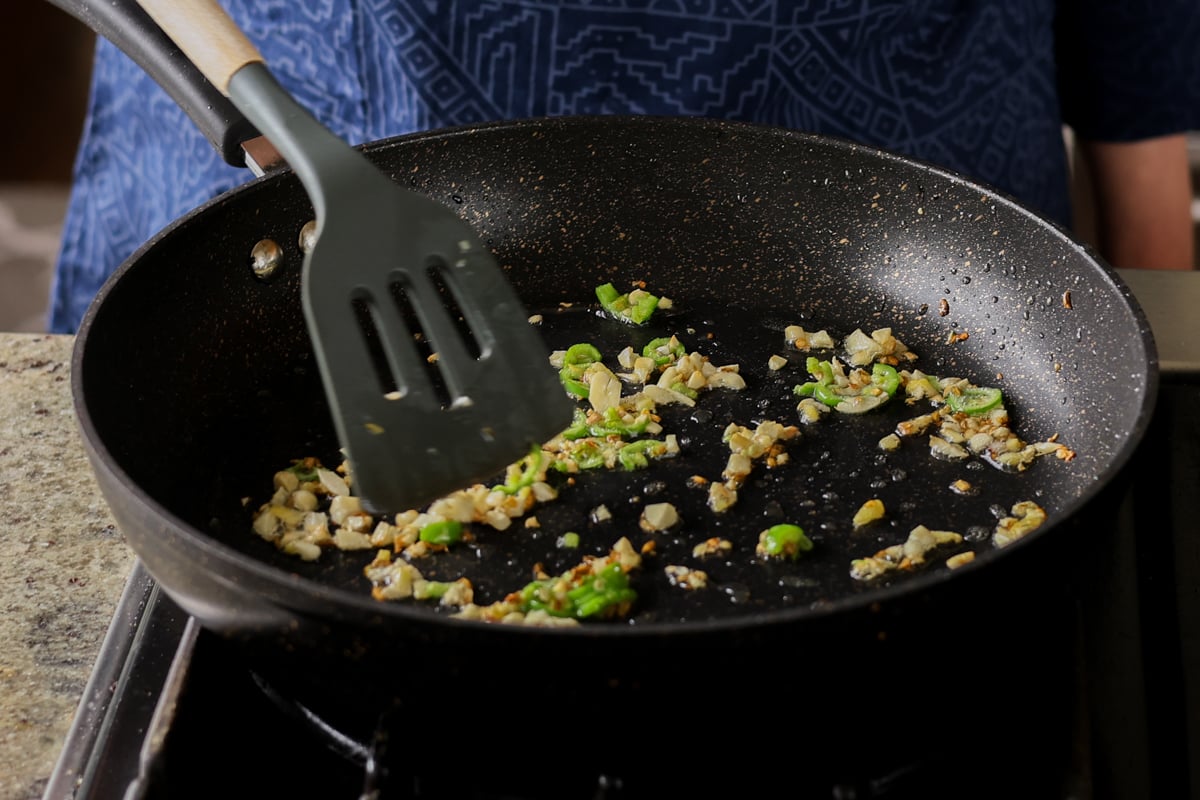 aromatics in the pan after cooking