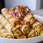 breakfast taquitos on a plate topped with pico de gallo and creamy hot sauce