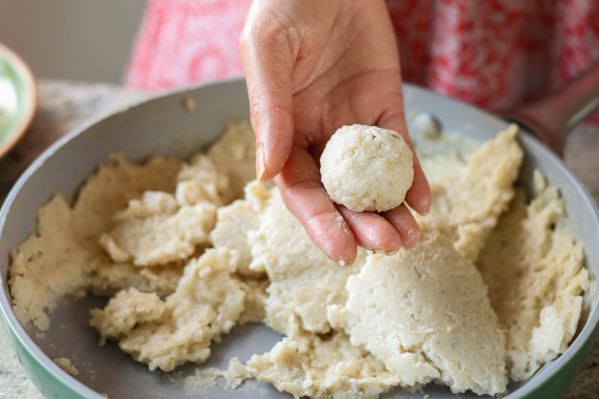 forming a ball from the rice pudding mixture