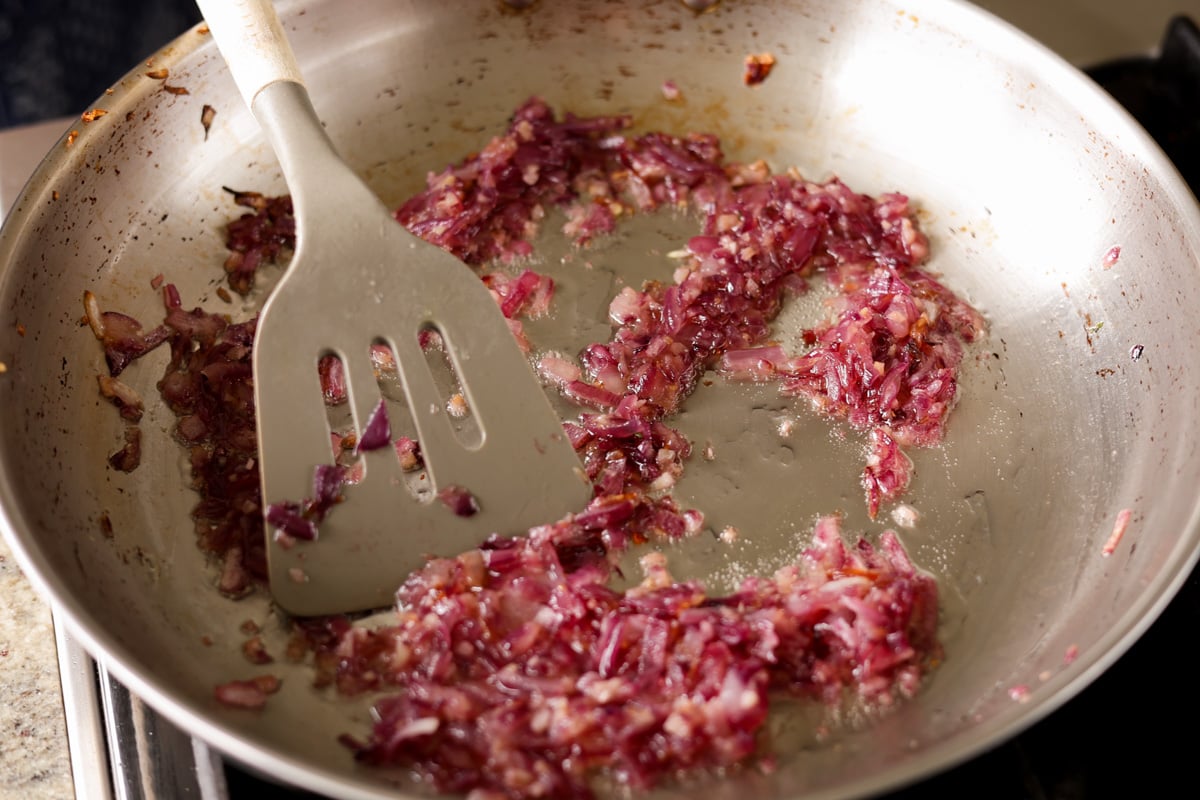cooked onion and garlic in the pan