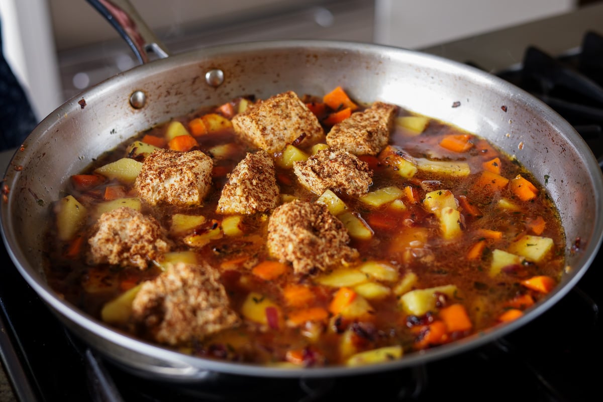 tofu and veggies in the pan