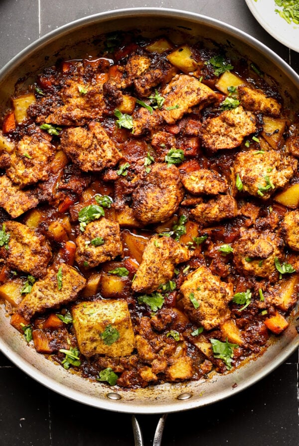 braised tofu and veggies in the pan