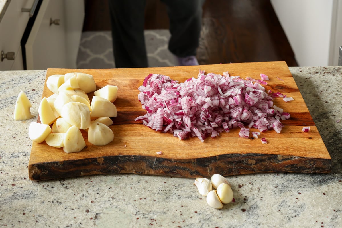prepped aromatics on the cutting board