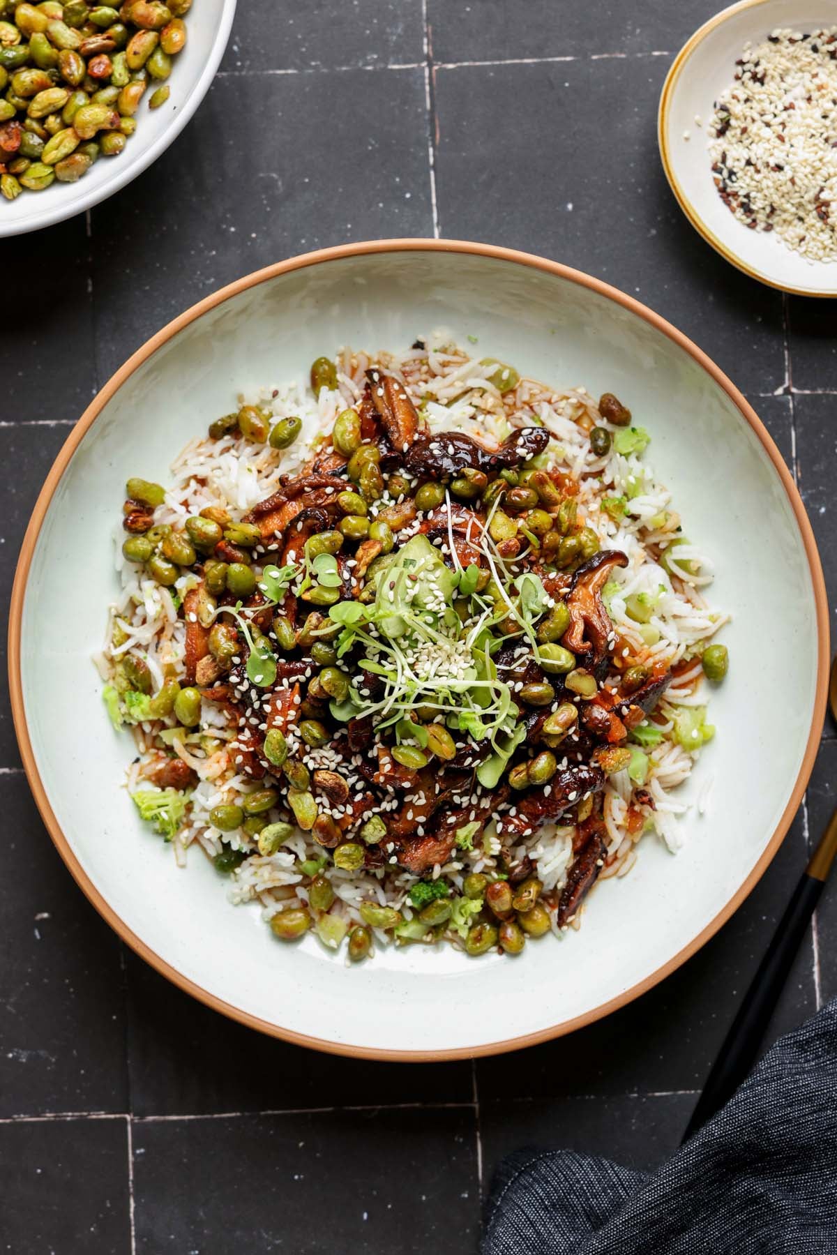 crispy edamame bowl on a black table