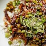 close-up of a crispy edamame bowl