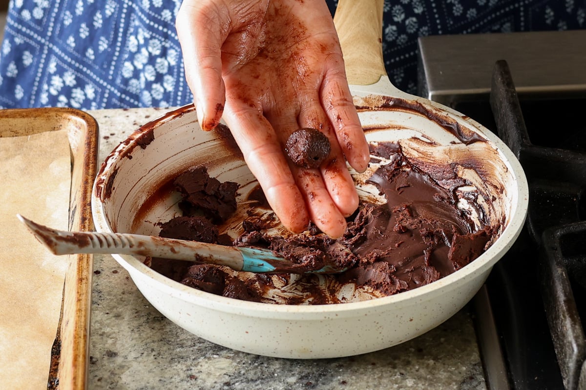 shaping the chocolate ganache into balls