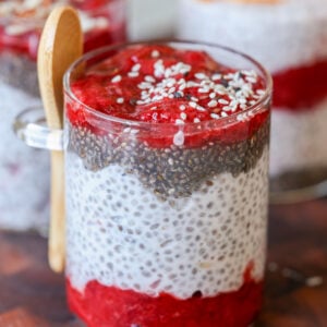 strawberry chia pudding topped with hemp seeds