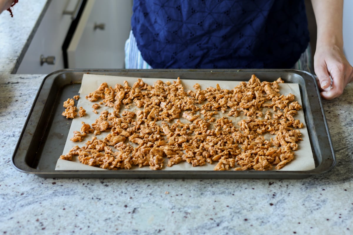 soy curls on the baking sheet before baking