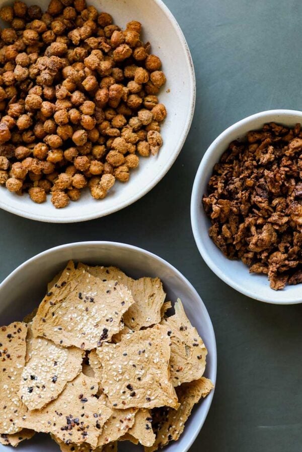 3 high protein travel snacks in bowls