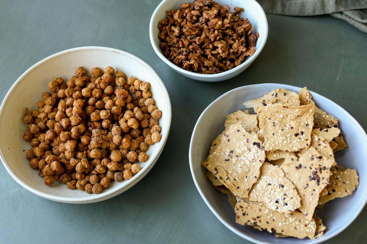 3 high protein travel snacks in bowls