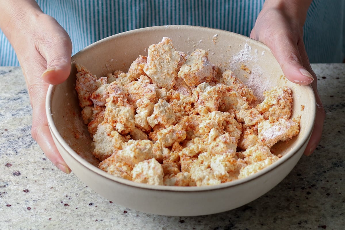 tofu tossed in cornstarch, salt, and spices
