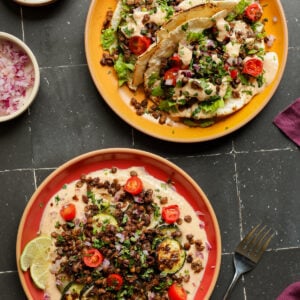chipotle whipped tofu, roasted zucchini, and crispy lentils bowls and tacos