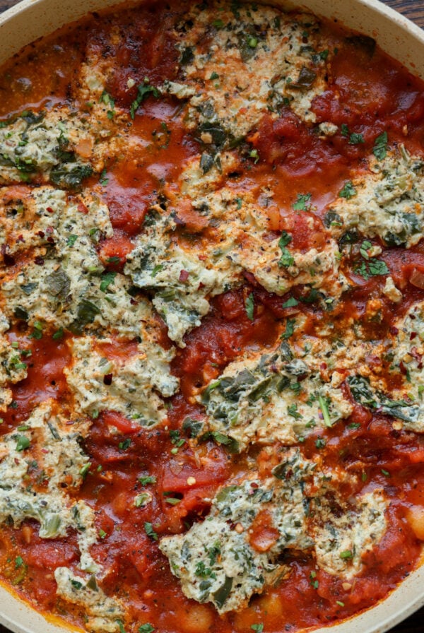 skillet gnocchi in the pan with tofu ricotta and sun dried tomato sauce