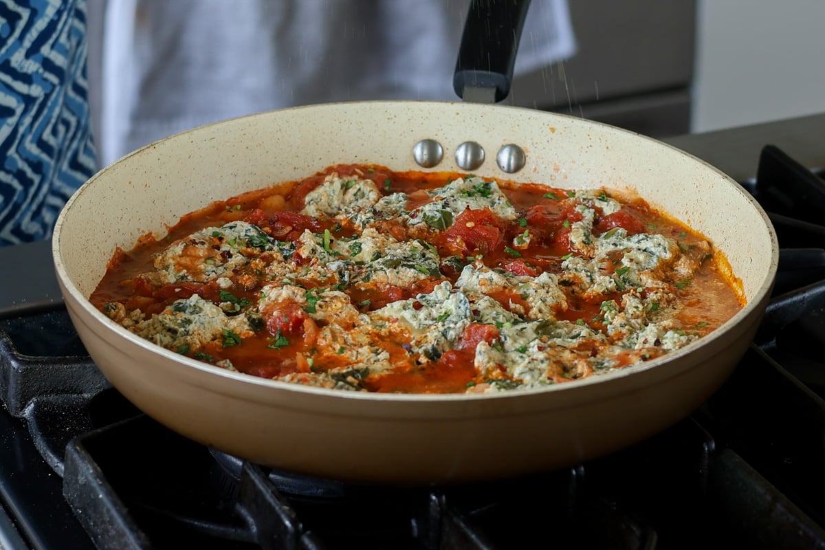 skillet gnocchi in the pan with tofu ricotta and sun dried tomato sauce