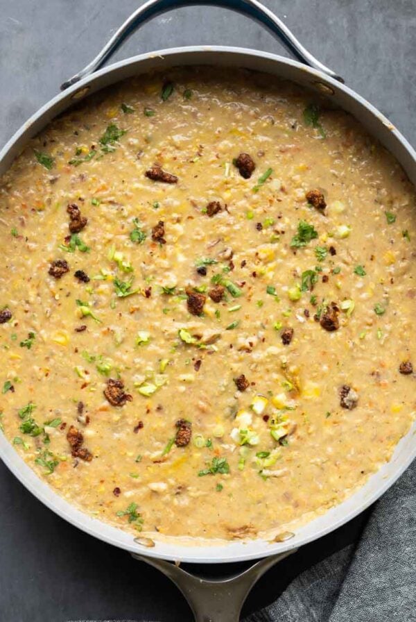 pan of corn chowder on a table