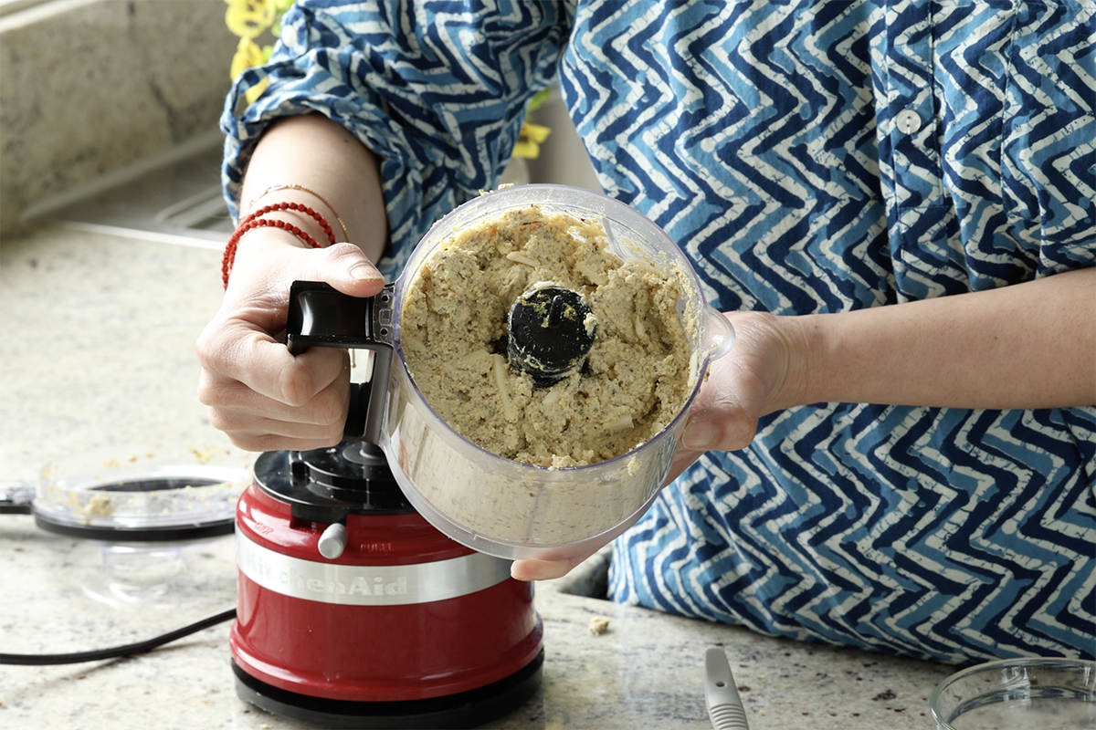 tofu mixture in the food processor after running it