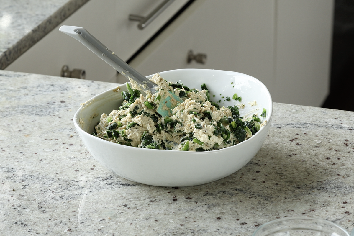 tofu ricotta after mixing in the spinach
