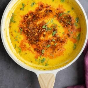 jeera dal in the pan after cooking and adding the spiced oil