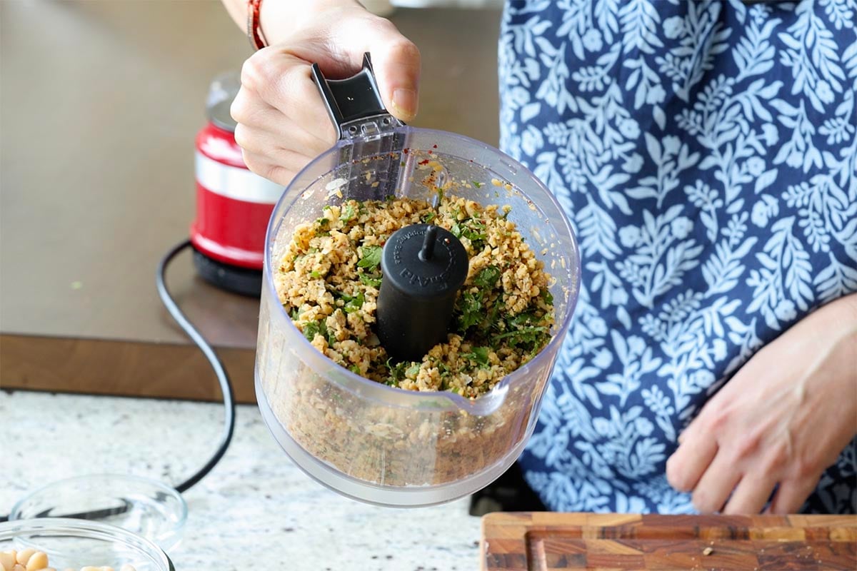 chickpea topping in the food processor after running it