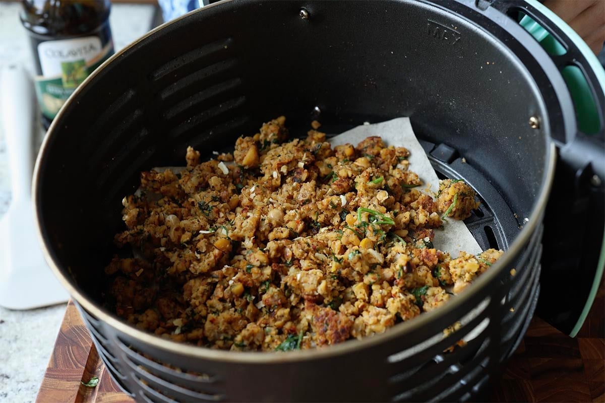 onion flakes mixed into the chickpea topping in the food processor