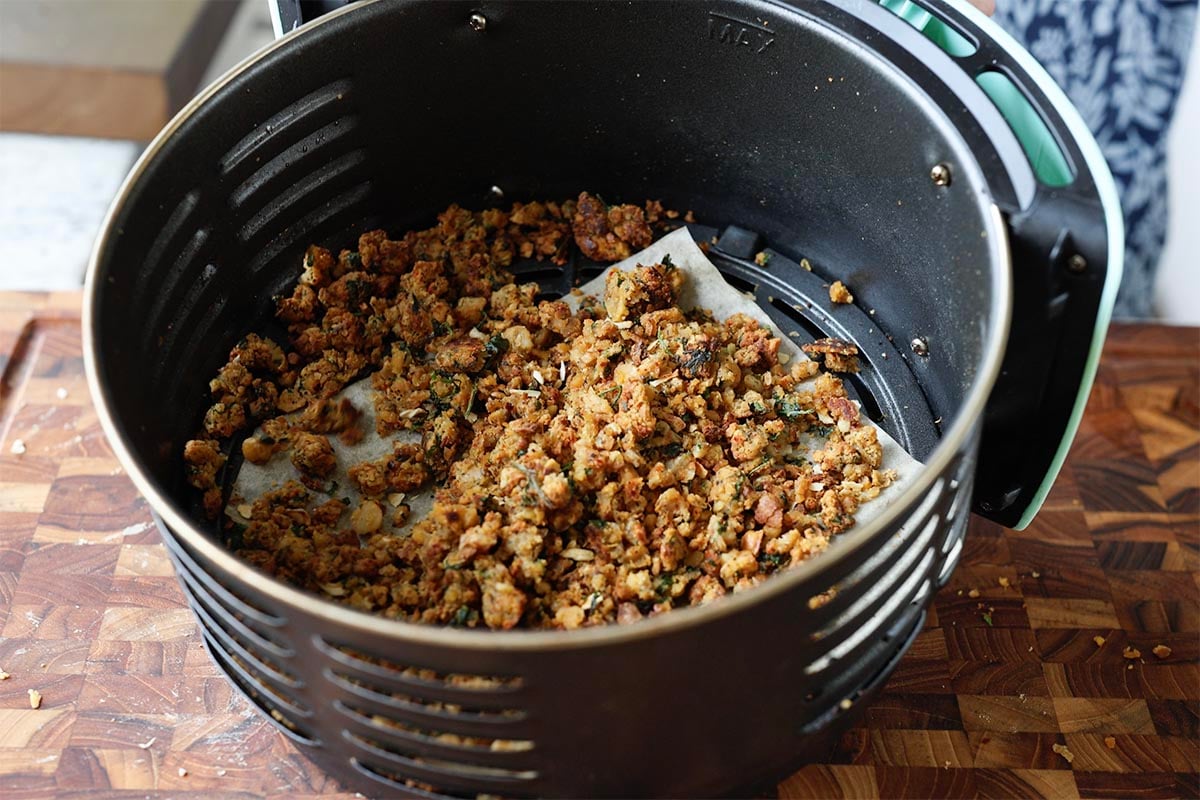 chickpea mixture in the air fryer after cooking