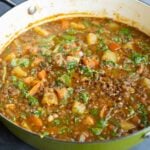 lentil potato soup in the pan after cooking